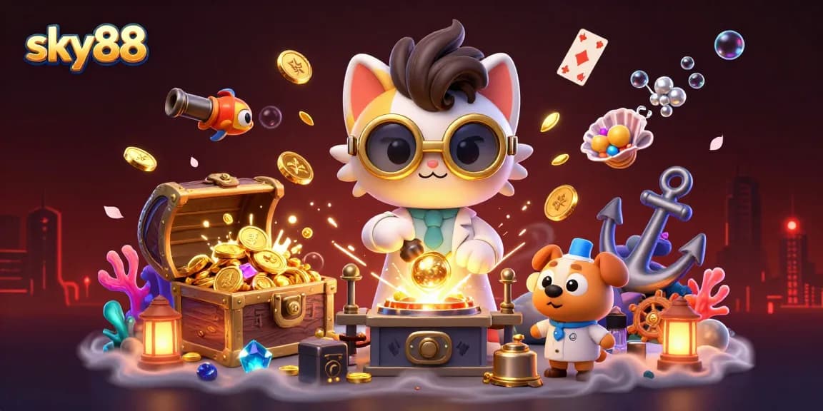 Engage with sky88's thrilling casino adventure featuring cartoon characters, gold coins, and vibrant game elements.
