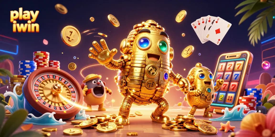 Play iwin and engage with vibrant casino elements featuring gold golem and treasures.