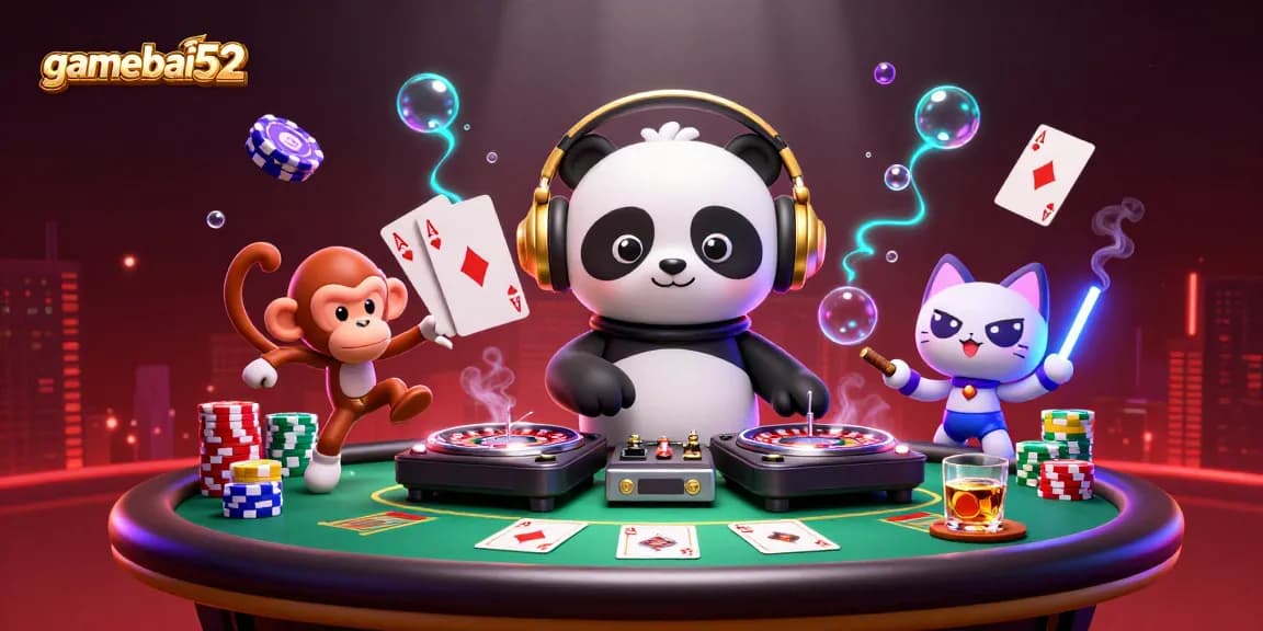 Experience the thrill of gamebai52 with a vibrant casino scene featuring playful characters and exciting game elements.