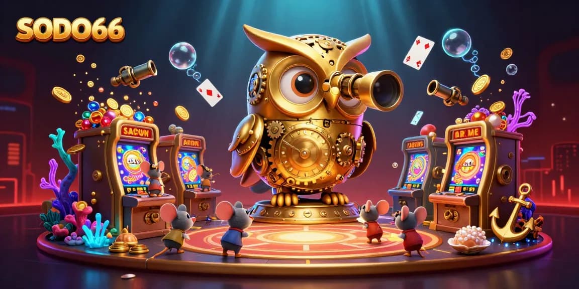 Experience the thrills of SODO66 with a vibrant 3D scene showcasing dynamic casino action and whimsical characters.