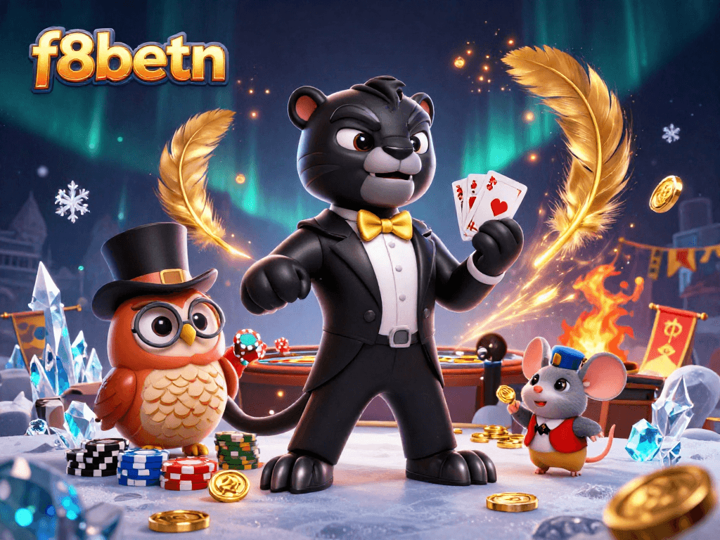 Experience the thrill of live gaming at f8betn with a dynamic illustration of a sophisticated casino scene featuring a tuxedo-clad panther.
