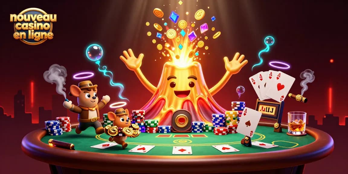 Découvrez le nouveau casino en ligne à travers cette illustration animée de volcans et de trésors.