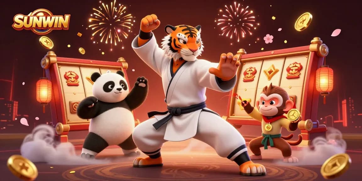 SUNWIN promotes exciting slot games with dynamic characters and festive elements in a vibrant casino scene.