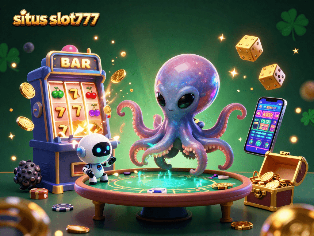 Situs slot777 showcases an alien octopus in a thrilling casino scene with slot machines and poker elements.