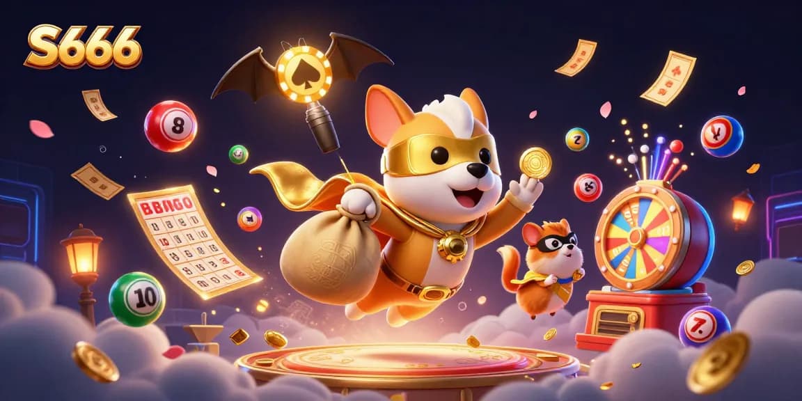 S666 players engage in exciting lottery games with colorful balls and golden prizes in a vibrant casino world.