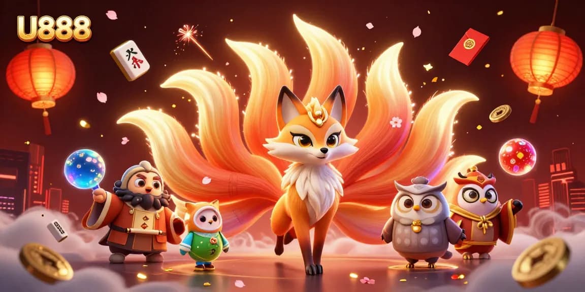 Experience U888's vibrant online gaming world with a magical fox and owl in a colorful casino setting.