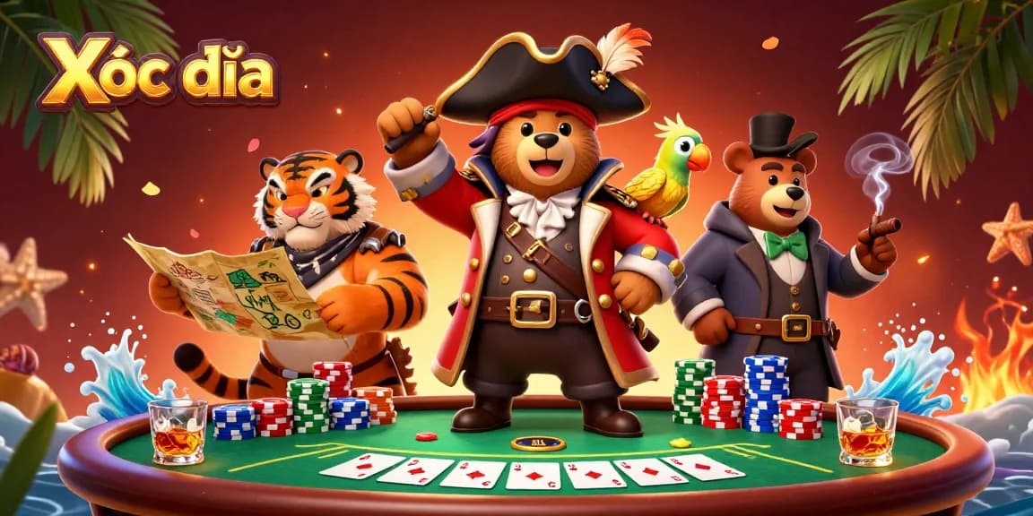 Xóc đĩa online gaming scene with a pirate bear, tiger, and golden parrot amidst poker chips and cards.
