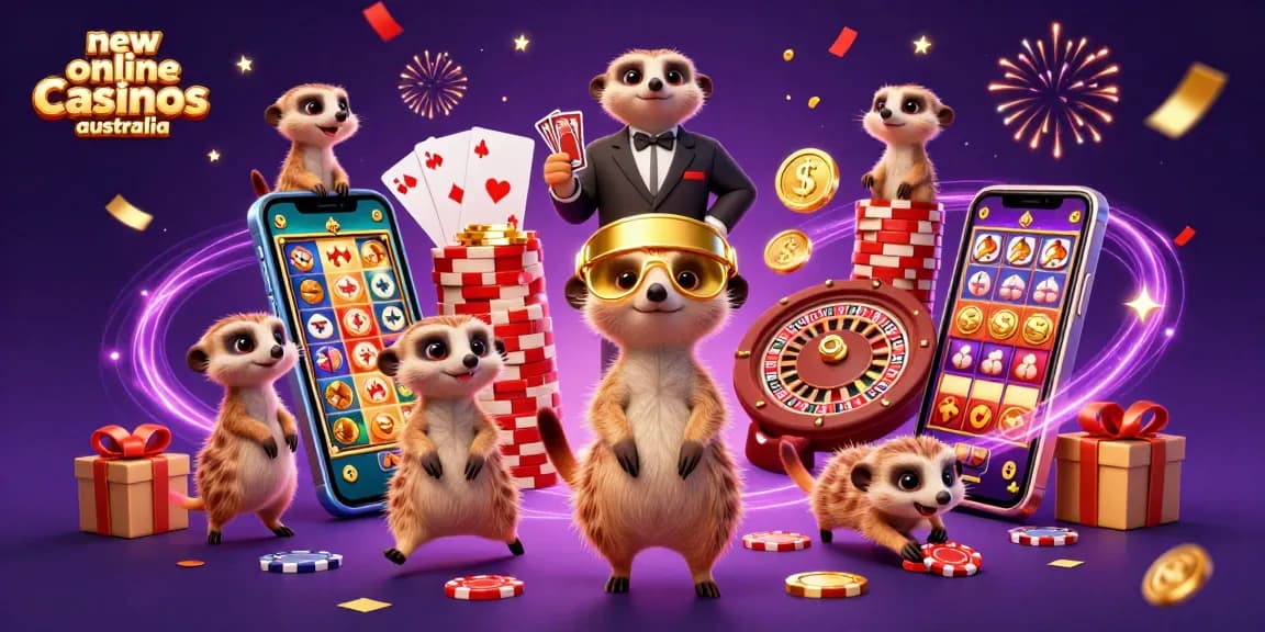 Experience the excitement of new online casinos Australia with meerkats managing a vibrant casino.