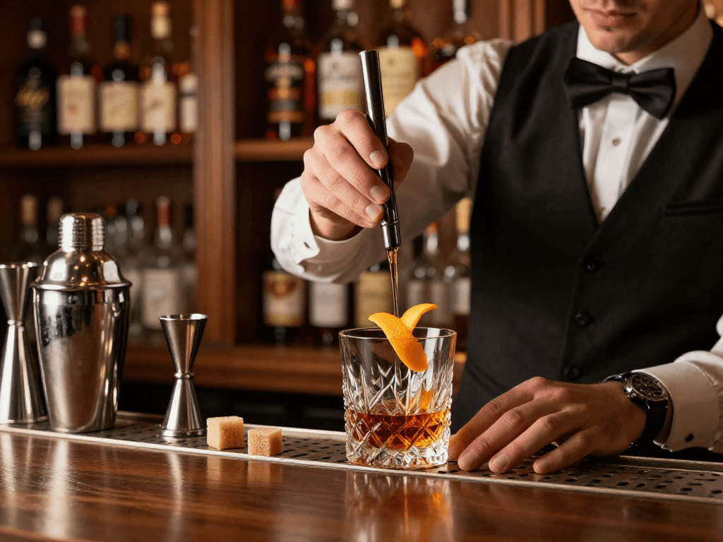 Stylish bar setting showcasing Weller Antique 107 bourbon cocktail preparation with ambient light.