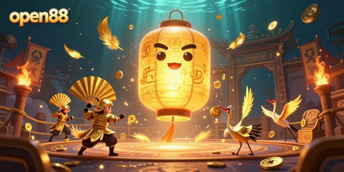 Experience thrilling gameplay with open88's enchanting golden lantern spirit floating over a lively casino.