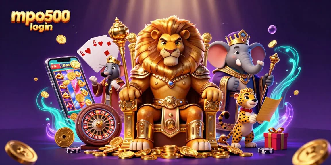MPO500 login showcases vibrant casino characters in a dynamic slot game scene with rich, animated elements.