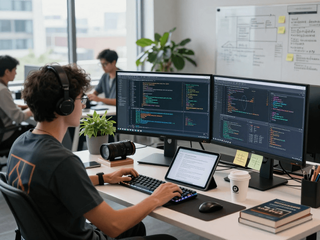 Dynamic software development workspace showcasing global futures real-time API integration in action with multiple monitors.