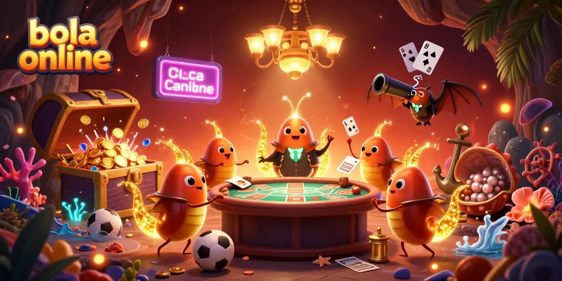 Bet on bola online with a lively scene featuring glowworms and a bat dealer at a vibrant cave casino.