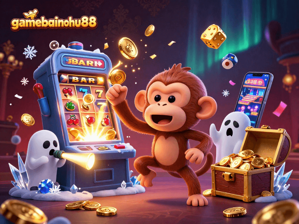 Spin and win at gamebainohu88 with a playful poltergeist monkey juggling gold coins and cards.