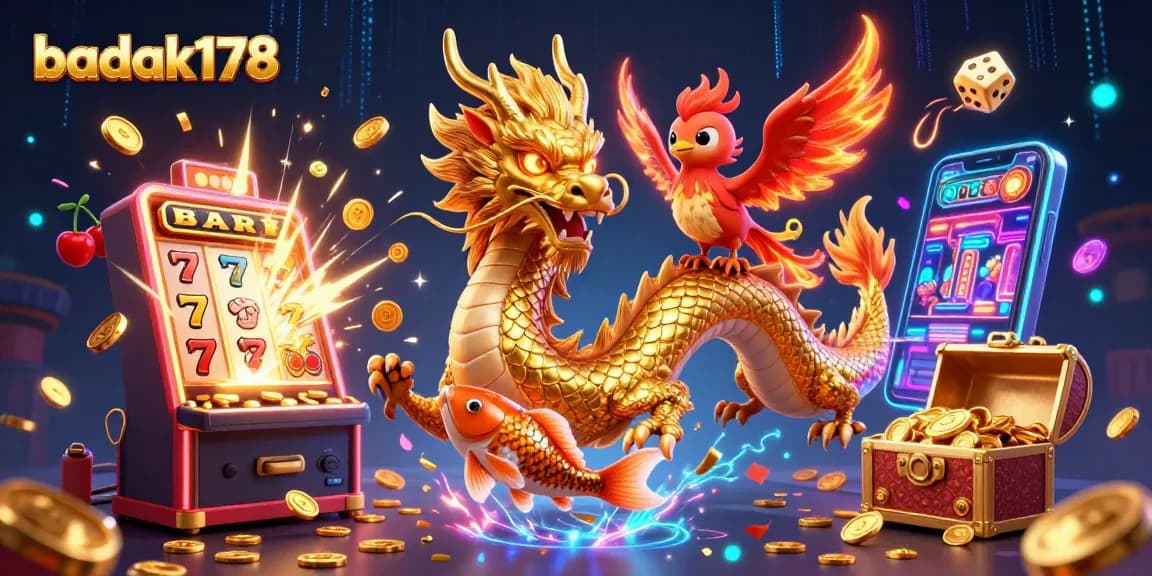 Experience thrilling wins with badak178's vibrant 3D casino illustration featuring dragons and jackpots.