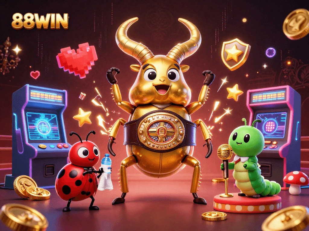 Experience exciting moments at 88WIN with cartoon characters in a dynamic casino scene filled with vibrant game elements.