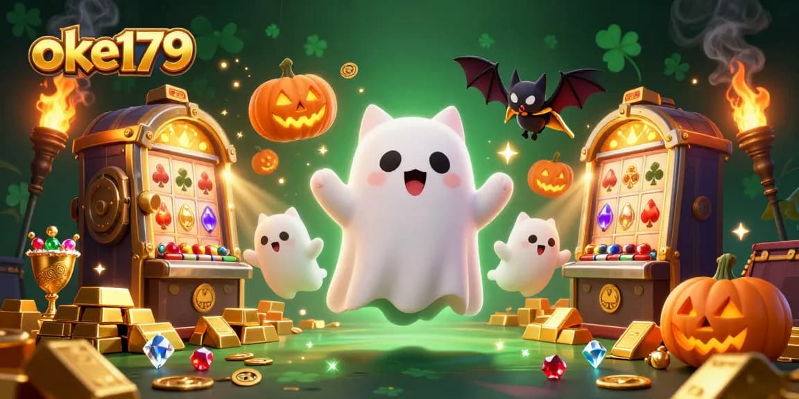 Engage with the excitement at oke179, featuring a ghost cat and vampire bat in a haunted casino.