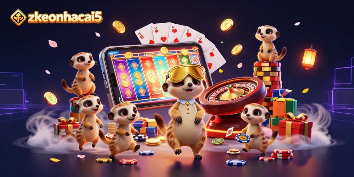 Experience engaging action at zkeonhacai5 with meerkats managing a lively casino scene, showcasing dynamic gaming elements.