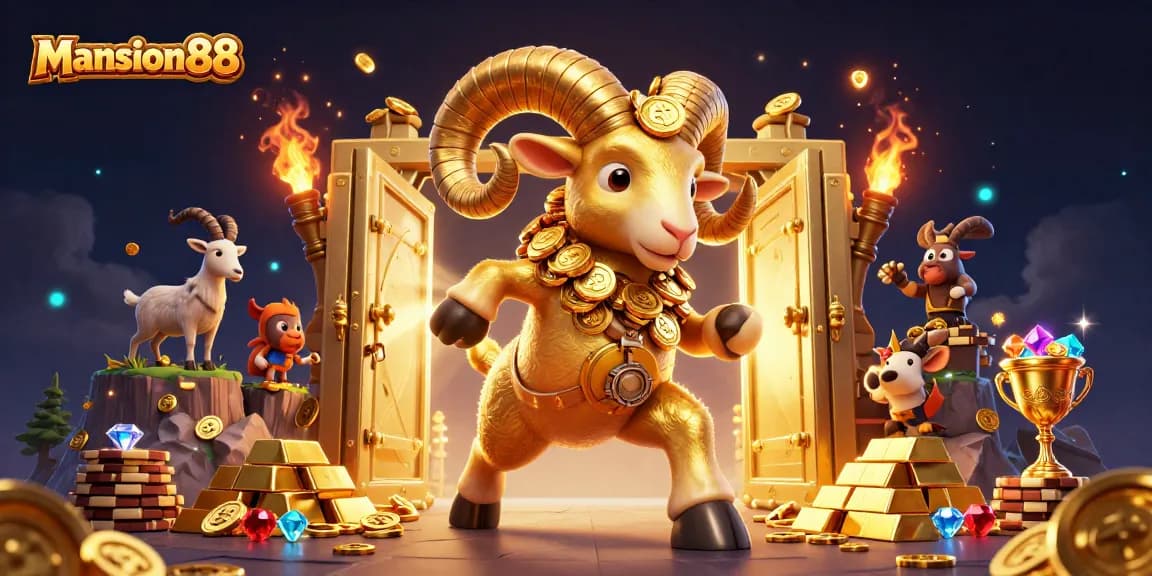 Mansion88 showcases a golden ram charging through a treasure vault, symbolizing winning strategies in online gambling.