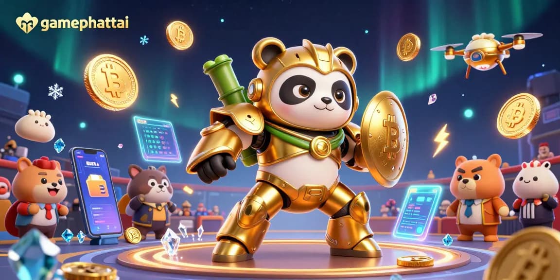 Experience gamephattai excitement with dynamic 3D slots and crypto elements in a vibrant illustration.