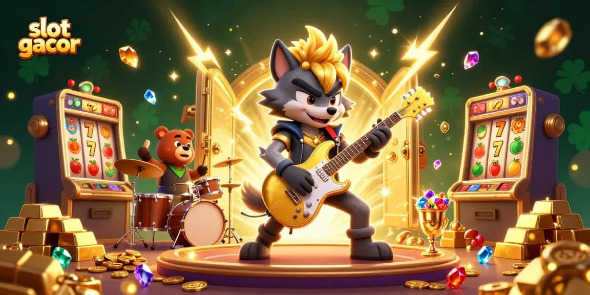Engaging scene of slot gacor action with cartoon wolf rock star, vibrant gold treasures.