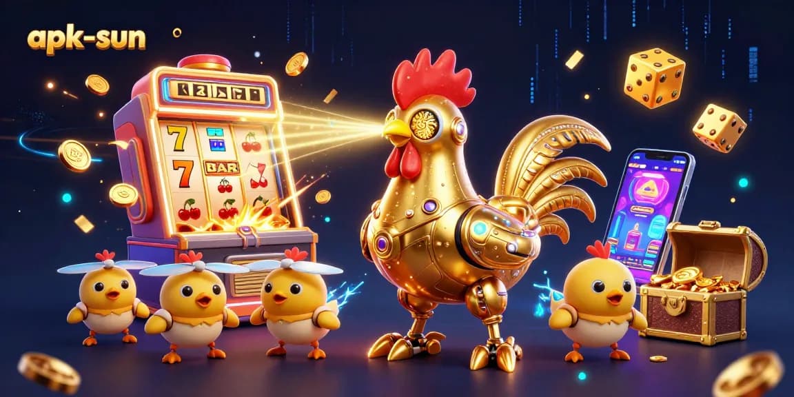 Engage with apk-sun's 3D retro-futuristic casino scene featuring a golden rooster robot and vibrant slot machine.