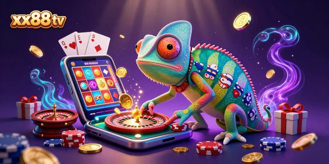 Engage with the vibrant world of xx88 tv, showcasing a playful chameleon spread across a casino-themed scene.
