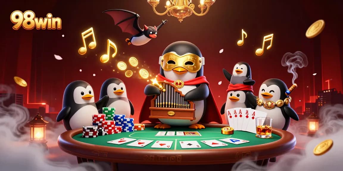 Experience the thrill of 98win as the casino penguin brings gold excitement to the poker scene.