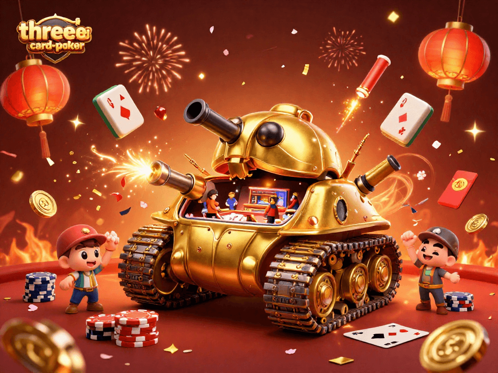 Experience thrilling three-card-poker action with vibrant casino elements and festive celebrations.