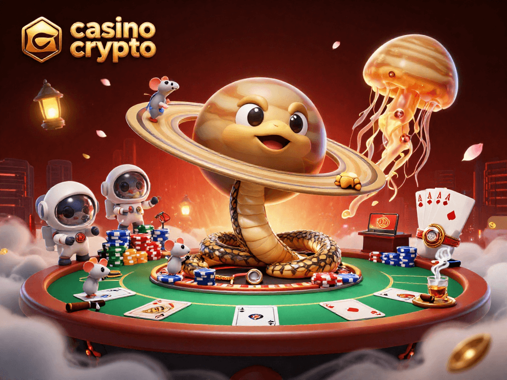 Jouer sur un casino crypto avec des personnages animés autour des jeux de poker et des paris amusants dans l'espace.