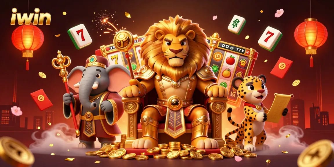 Engage with iwin's vibrant 3D casino scene featuring a lion king, elephant advisor, and swift cheetah amidst game symbols.