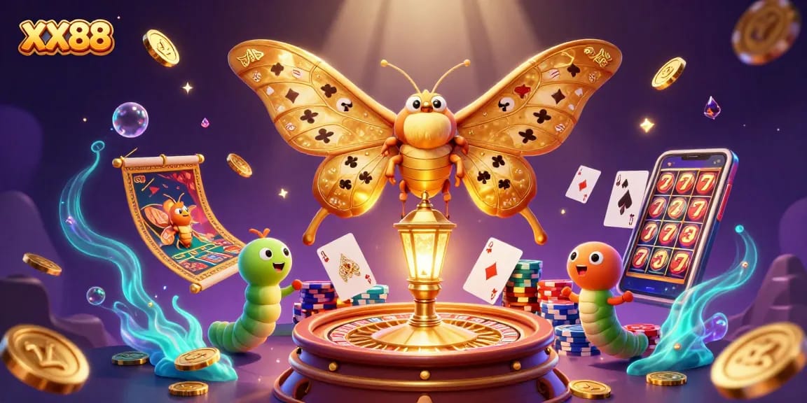 Experience the exciting world of XX88 with vibrant casino elements and golden treasures.