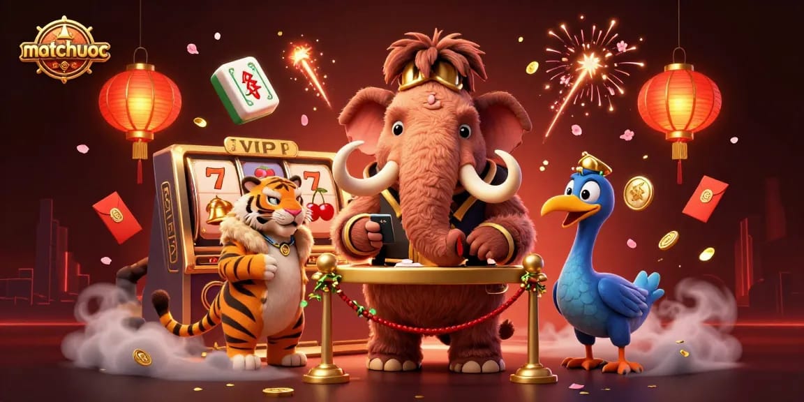 Matchuoc casino scene featuring a woolly mammoth bouncer, saber-tooth tiger guest, and vibrant slot reels.