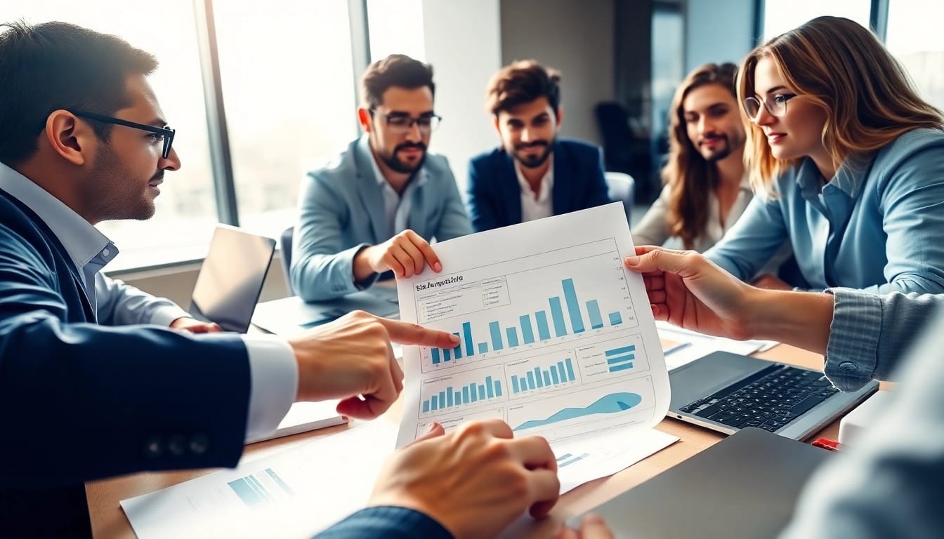 Engaging Bid-No-Bid Analysis with a consultant team reviewing charts and documents in a modern office.