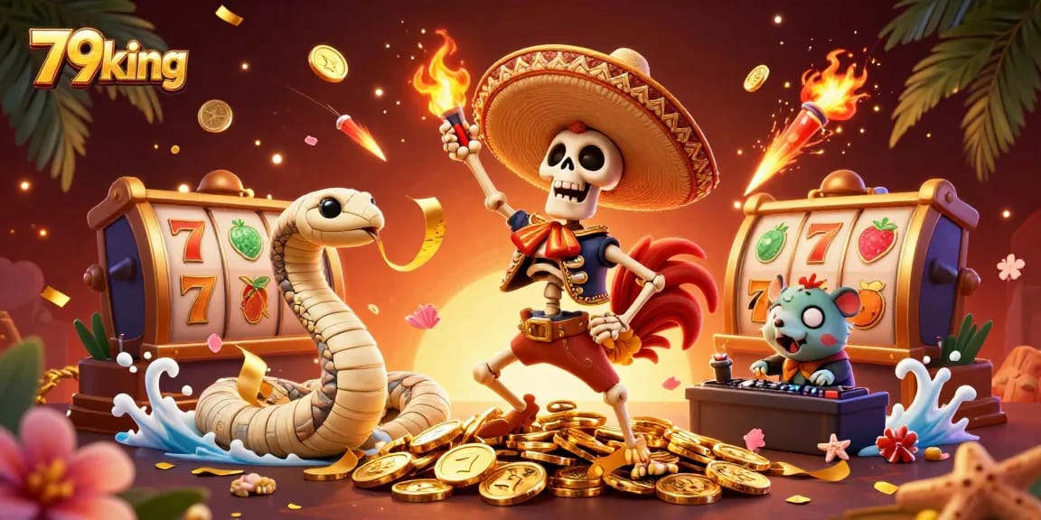 Experience the thrill at 79king with vibrant 3D casino characters celebrating amidst golden coins and slot reels.