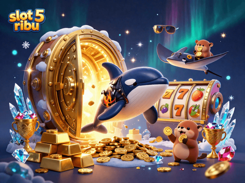 Play slot 5 ribu and uncover treasures in a vibrant digital casino-themed illustration with lively sea creatures.