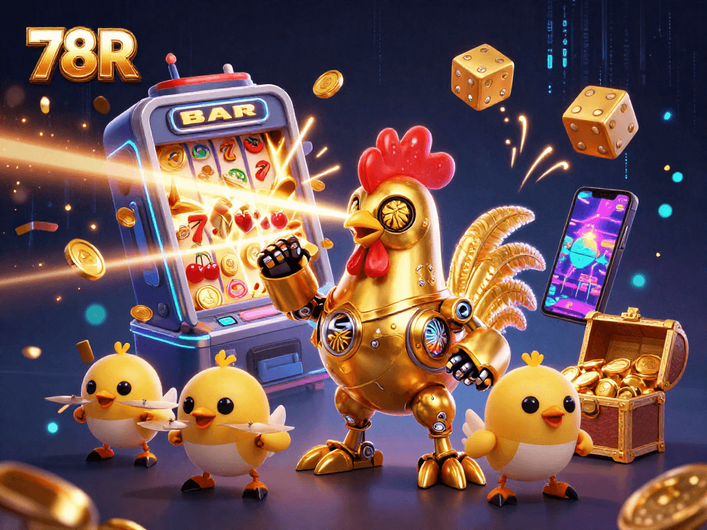 Ative seu jogo com 78R, máquina caça-níqueis e símbolos vibrantes em uma cena animada.