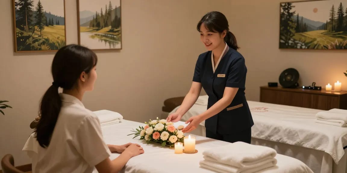 파주오피 luxury massage room offering a serene and inviting atmosphere with a welcoming manager.