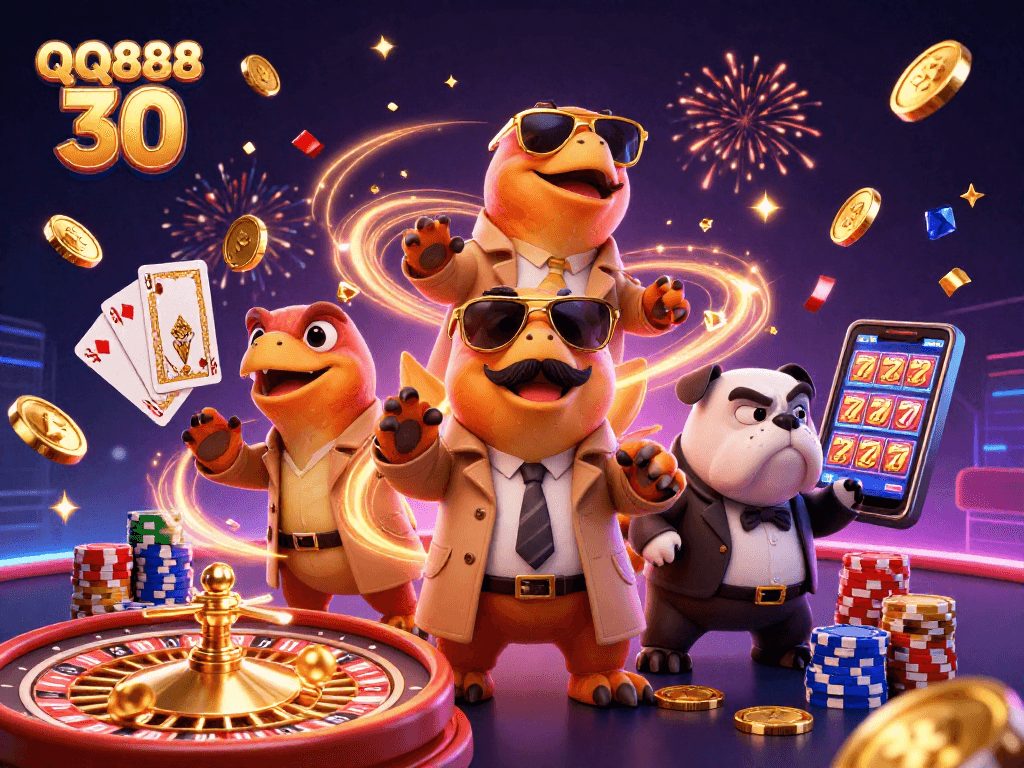 Experience thrilling action at QQ888 30 with cartoon raptors entering a VIP lounge in a vibrant casino scene.