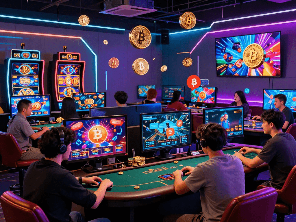 Engaged players in a lively crypto casino environment with digital currency excitement.