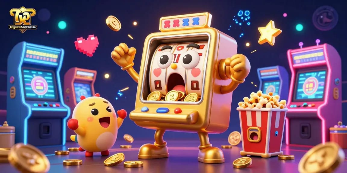 Spin the slot machine jackpot with taigamebancaanxu as coins fly out amidst cheers and vibrant arcade elements.