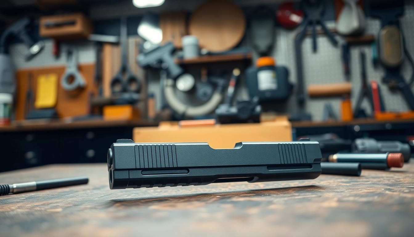 Showcasing Glock 43 slide MOS emphasizing craftsmanship and precision in a gunman's workshop.