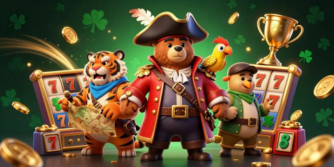 Join the adventure with gems-fortune as a pirate captain bear and friends celebrate big wins at the slot game!