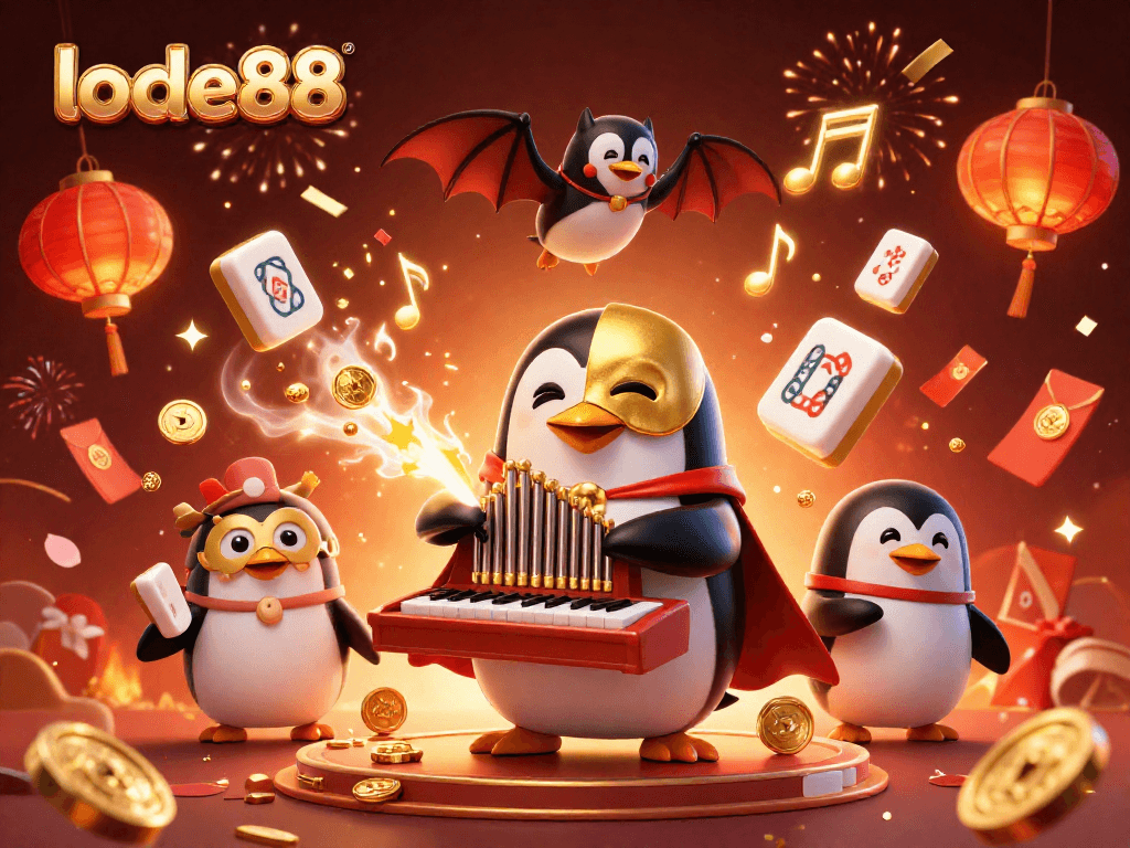 Experience the excitement of lode88 with a vibrant 3D casino scene featuring a penguin and dynamic elements.