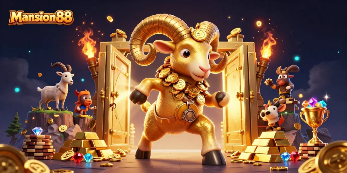 Mansion88 showcases a golden ram charging through a treasure vault, symbolizing winning strategies in online gambling.