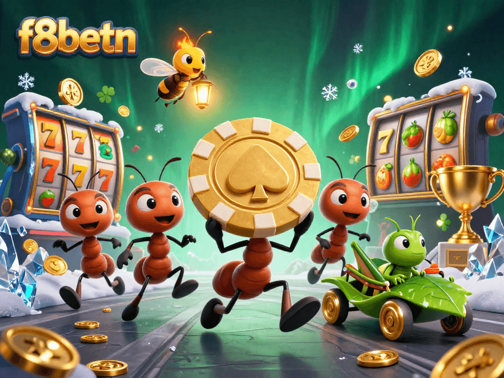 Win big with f8betn as ants carry a giant poker chip through a vibrant casino scene