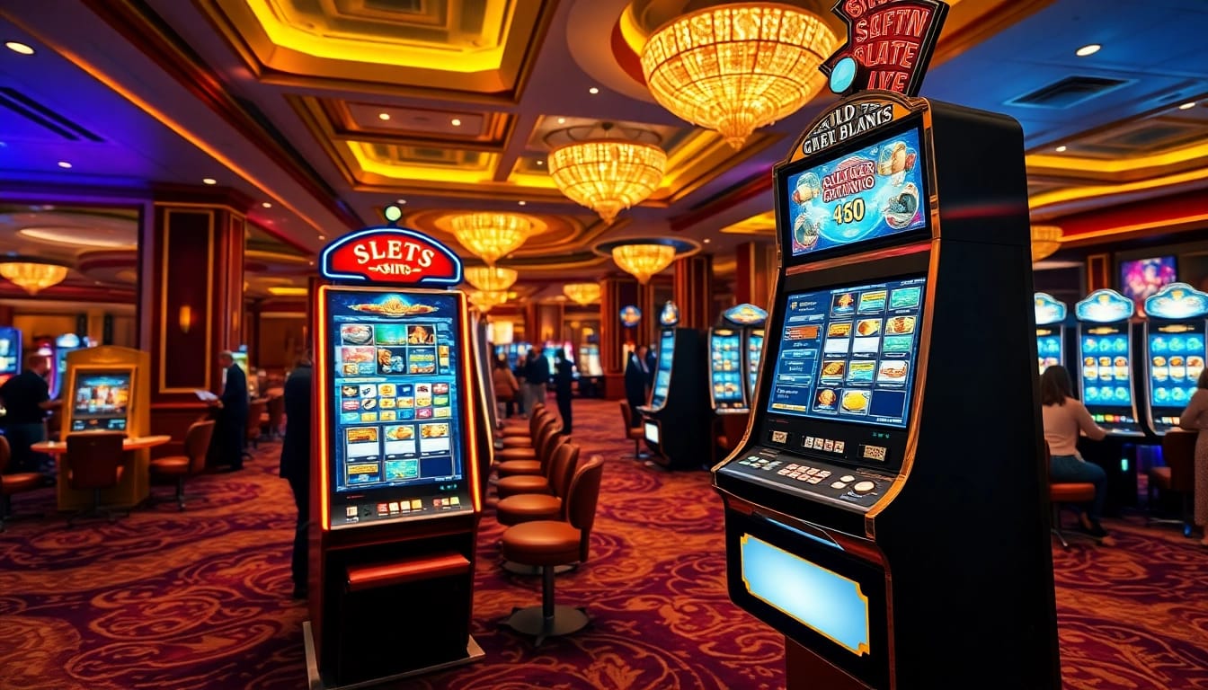 Experience thrilling slot gambling with a vibrant casino scene and lively atmosphere.