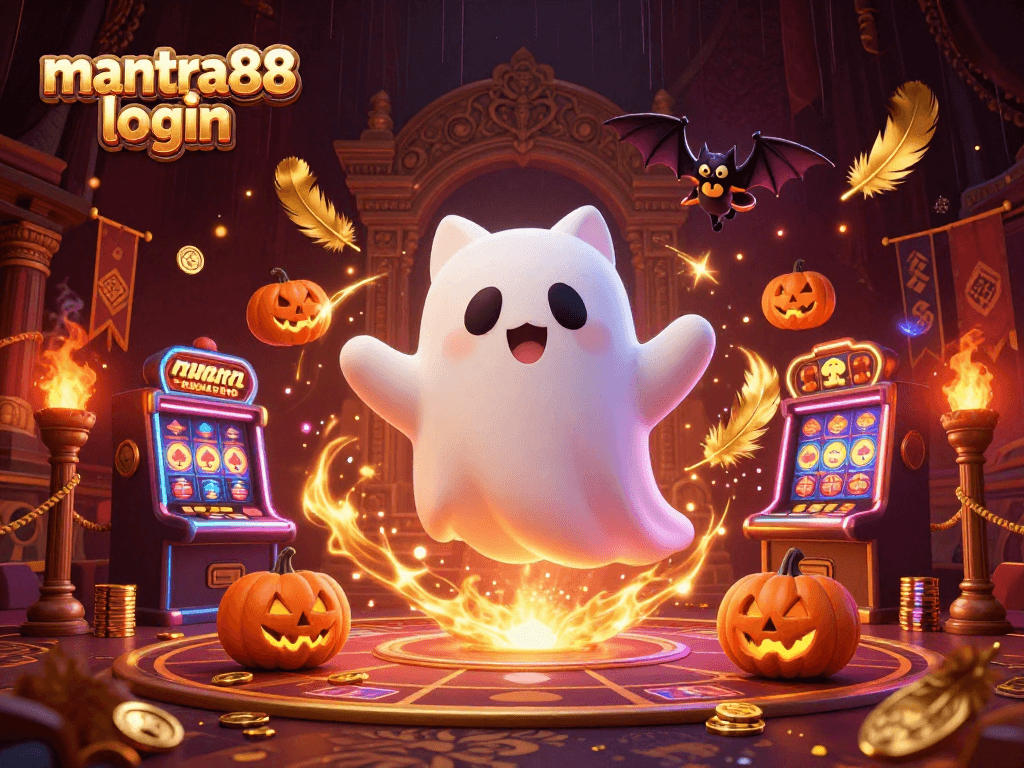 Experience the thrills with mantra88 login in a haunted casino scene featuring a ghost cat and vampire bat.