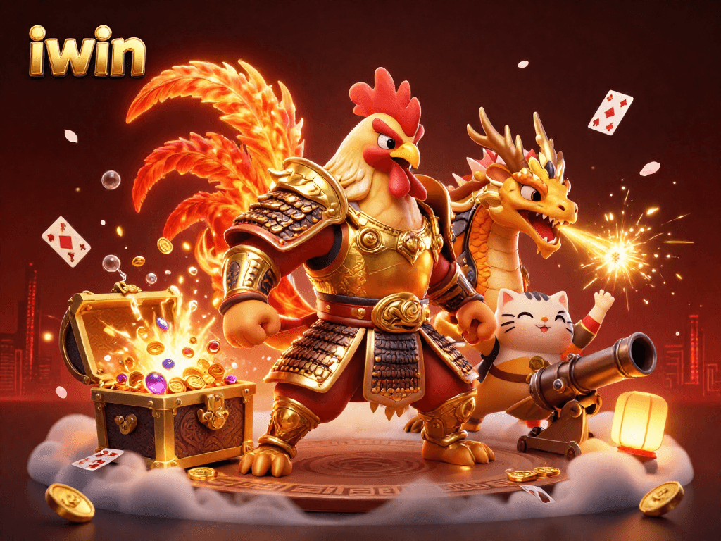 Experience thrilling action with the iwin fighting rooster and dragon in an exciting casino scene.