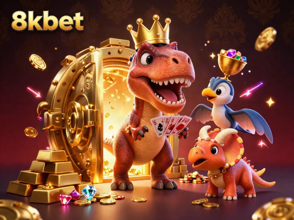 Experience the thrilling world of 8xbet as friendly dinosaurs stack chips and shuffle cards in a golden treasure-filled casino.